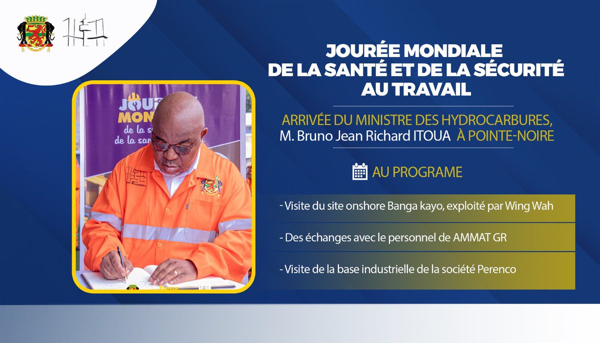Le vendredi 25 avril 2025, le Ministre des Hydrocarbures, M. Bruno Jean Richard ITOUA, est arrivé à Pointe-Noire pour une mission officielle de 4 jours dans le cadre de la célébration de la Journée mondiale de la santé et de la sécurité au travail par les sociétés pétrolières.