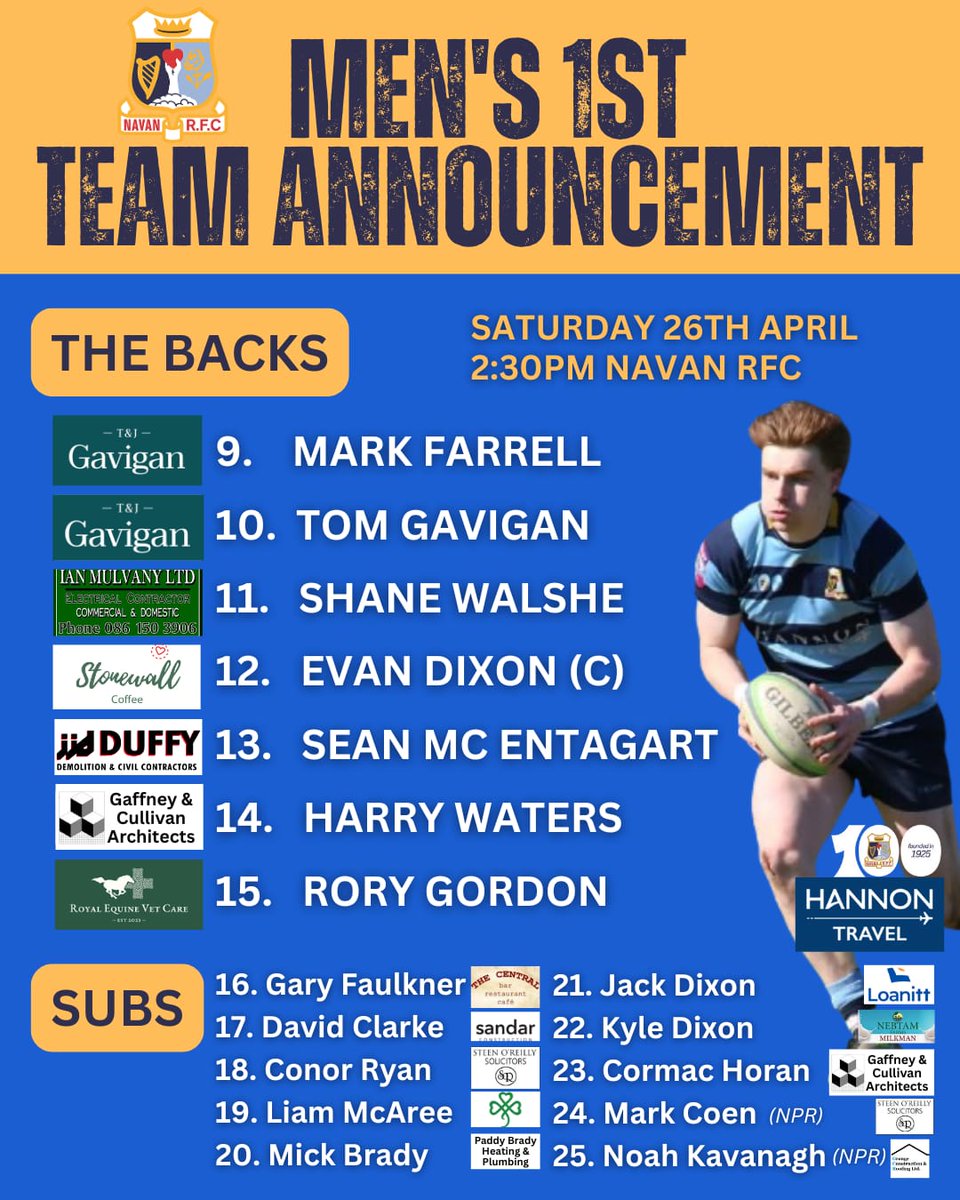 ‼️#EnergiaAIL GAMEDAY‼️
Let's bring the noise to support the team. 📣

It will be FREE ENTRY again on the day for those wearing their Navan RFC gear.
€10 per adult otherwise.

There will also be a BBQ running 🍔 &amp; live music from 6pm 🪕🎵

See you all there 🔵🟡

#NavanRFC100