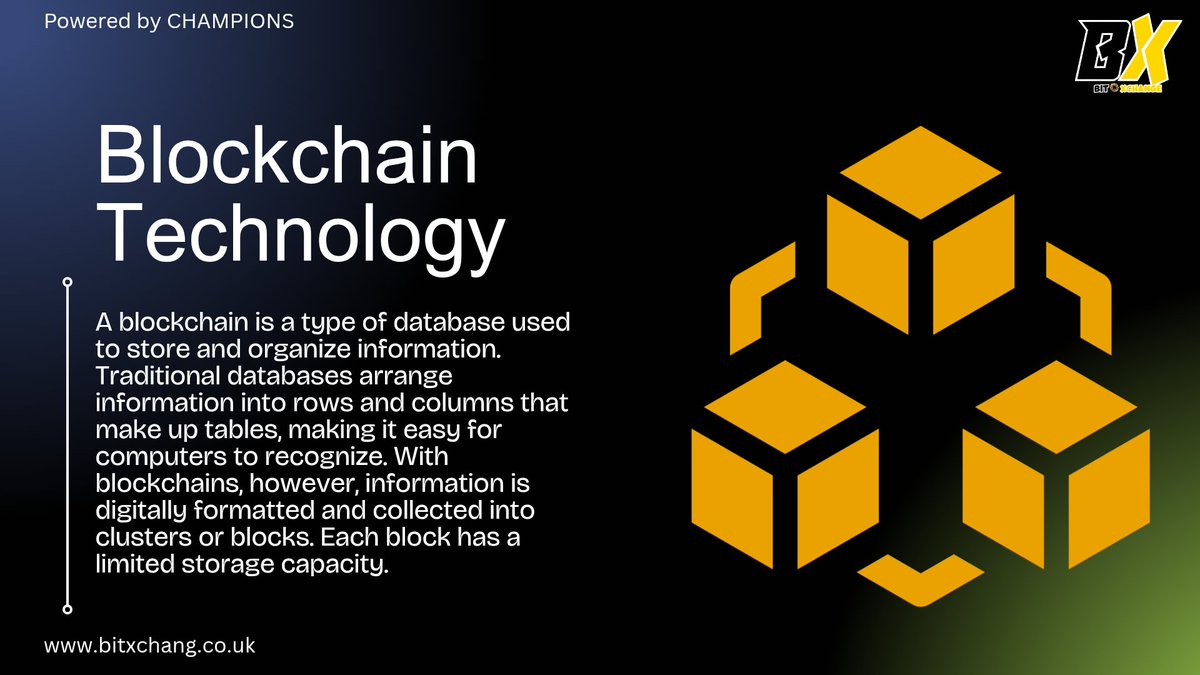 Bitxchang's tweet photo. A blockchain is a type of database used to store and organize information. Traditional databases arrange information into rows and columns that make up tables, making it easy for computers to recognize. With blockchains, however, information is digitally formatted and collected into clusters or blocks. Each block has a limited storage capacity.

#bitxchange