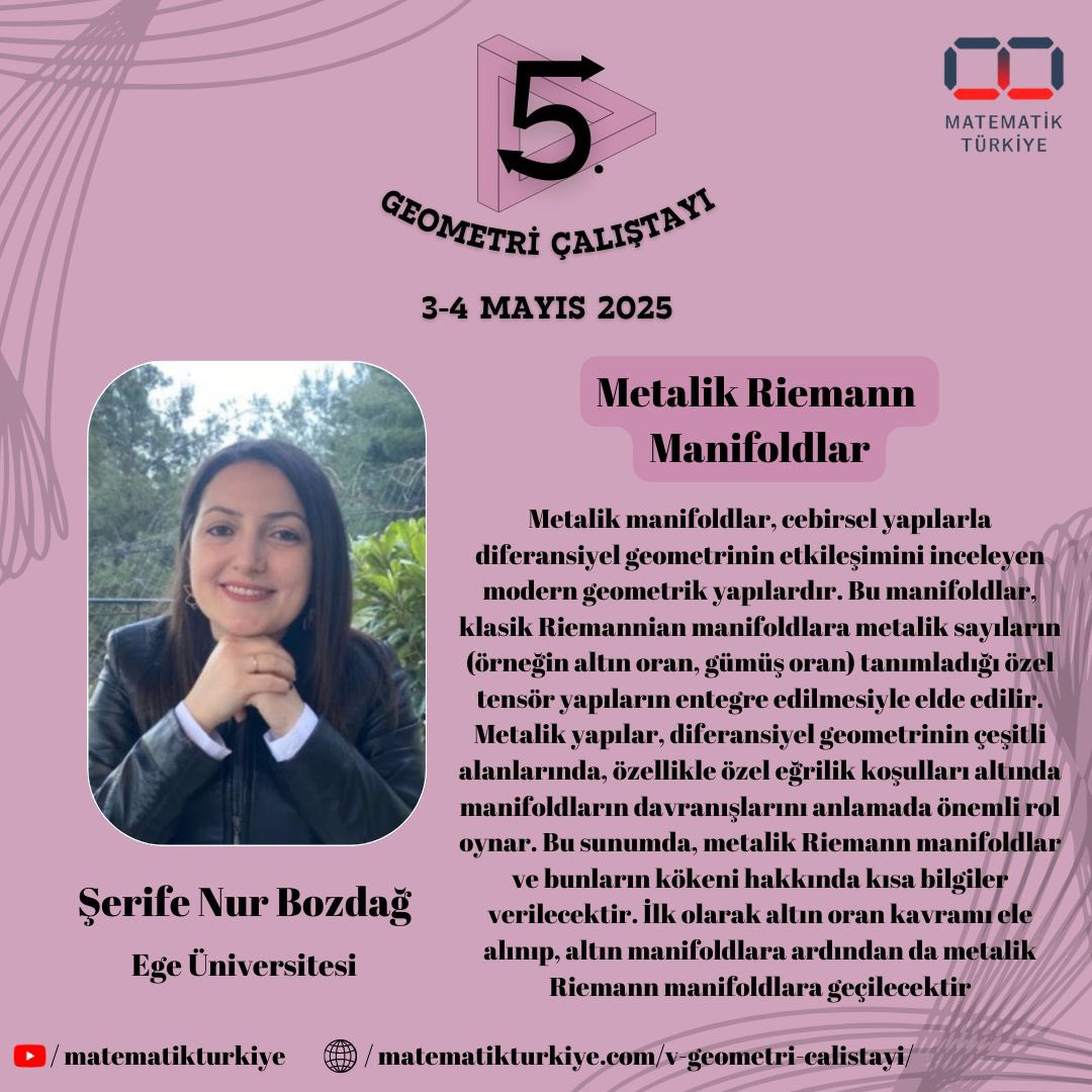 Şerife Nur Bozdağ hocamızın “Metalik Riemann Manifoldlar” başlıklı konuşmasının detaylarına görselden ulaşabilirsiniz.😊

#tmk #akademiktmk #matematik #türkiyematematikkulübü #geometri #geometry