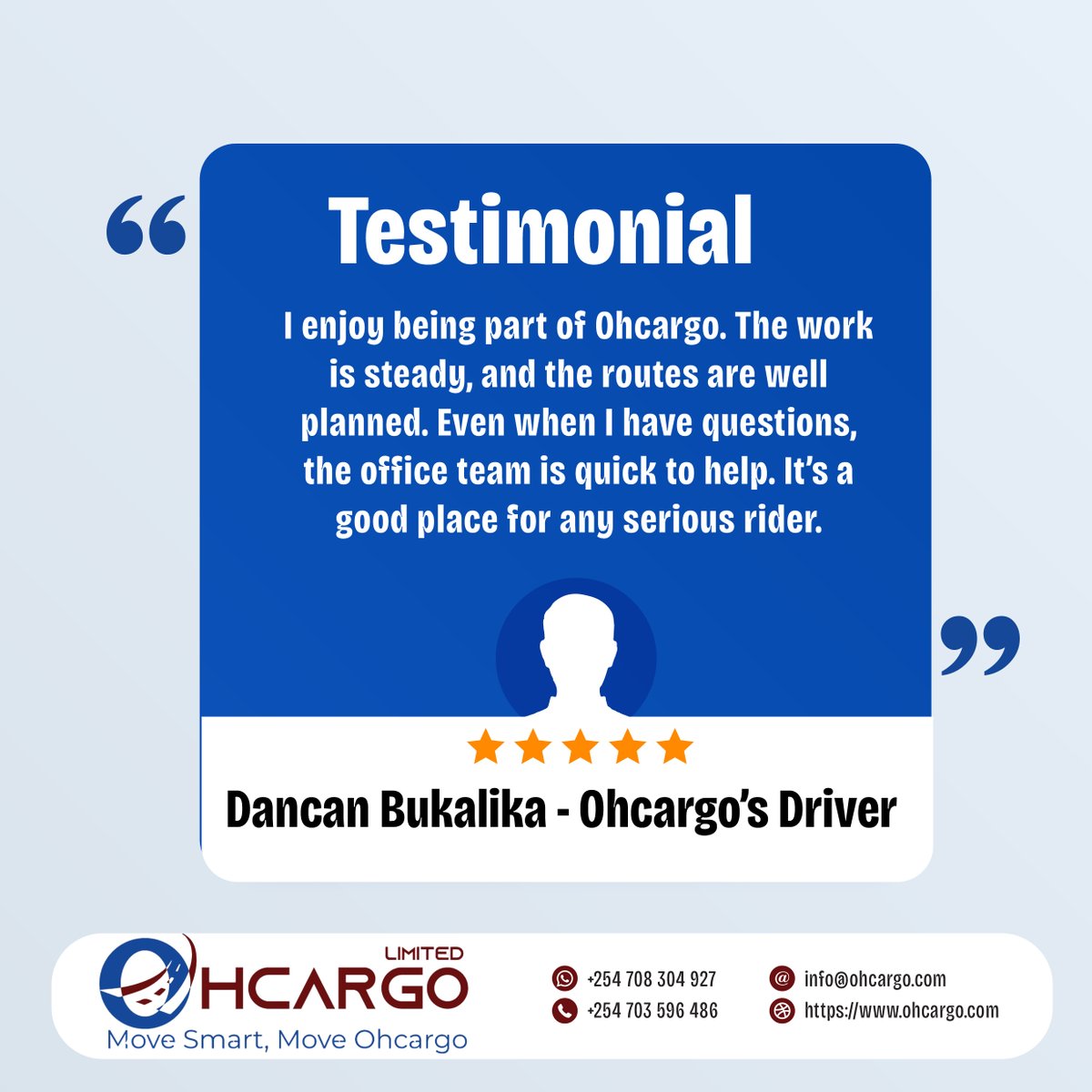 ohcargo's tweet image. Behind every successful delivery is a strong team.
At Ohcargo, we’re proud to stand with drivers like Dancan, every step of the way. 🚚💙
Together, we move smarter
#Ohcargo #LogisticsKE #HomeDeliveryService #FastAndSafeDelivery #ReliableDeliveries #WalkerServices #Testimonial