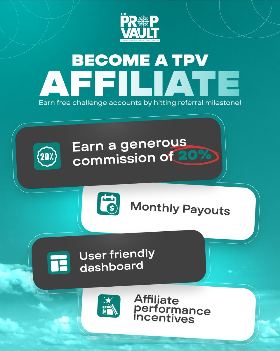 ThePropVault_'s tweet image. DM us if you want to host a giveaway and become an affiliate!
Earn 20% commission, monthly payouts, bonuses and incentives!
