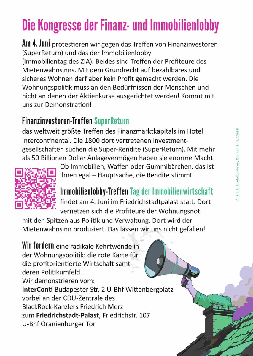 Demonstration vom Finanzinvestoren-Treffen „SuperReturn“ zum „ZIA“ Immobilienlobby-Kongress

Mietwoch 4.6.2025

Wohnungspolitik an Bedürfnissen der Menschen und nicht an denen der Aktienkurse ausrichten!

Infos:buff.ly/9CFcVkp

#Finanzwende #Lobbycontrol #GroKo #Immolobby