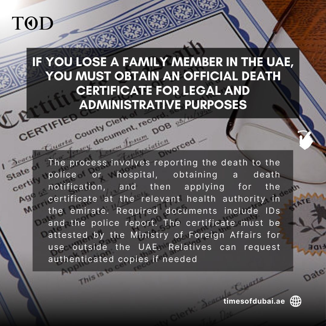 timesofdubai_'s tweet photo. Need an official death certificate in the UAE? Here’s how to request an authenticated copy after losing a loved one.
#timesofdubai #UAE #DeathCertificate #FamilySupport #LegalDocuments #UAEProcess #OfficialCertificate #LifeInUAE #ExpatGuide https://t.co/0tqdqomJvK