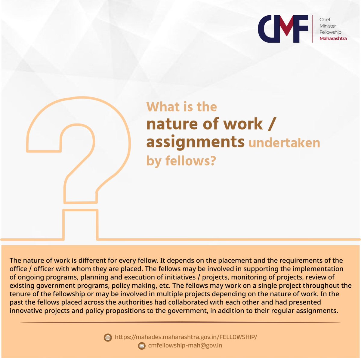Step into a role where your contribution matters. 
As a CMF Fellow, you collaborate, innovate and help script the future of Maharashtra.

Haven't thought about applying yet? This Fellowship could be your calling. Visit mahades.maharashtra.gov.in/FELLOWSHIP/
Deadline for application:05.05.2025