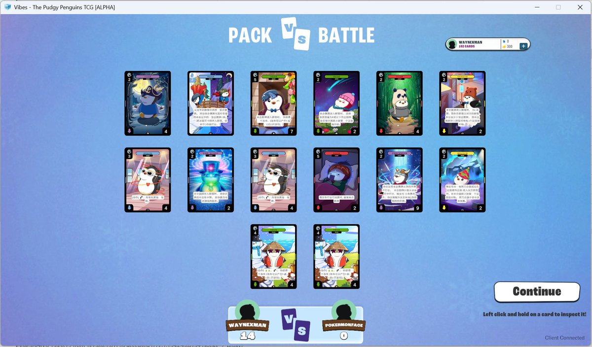 【PACK BATTLE】
刚玩了下Vibes TCG 企鹅牌「开卡包PVP模式」
竟然开到一次14:0！太幸运了
简单介绍下规则：
▫️ ‌卡牌对决：双方同时翻开卡牌，比拼总点数（Cost+Vibe）高者包揽两张卡
▫️ ‌平局处理‌：若点数相同，卡牌将累积至下一轮继续
Just pulled off an INSANE 14:0 Pack Battle sweep.
RNG gods