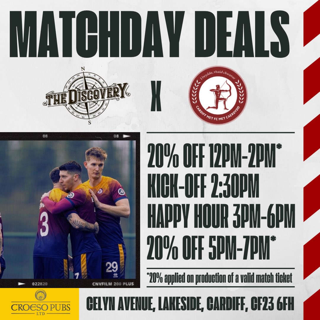 Cardiff Met Uni FC (@cardiffmetfc) on Twitter photo 🤝We have partnered with The Discovery to offer spectators 20% off pre and post game!
Why not visit before today’s game 🆚 <a href="/BalaTownFC/">Bala Town FC</a>
🖥️thediscoverycardiff.co.uk
🍺Happy Hour: 3-6
🍽️20% off
⏰12-2 & 5-7
🎟️Offer valid with matchday ticket: app.fanbaseclub.com/Fan/Dashboard?… 🤝We have partnered with The Discovery to offer spectators 20% off pre and post game!
Why not visit before today’s game 🆚 <a href="/BalaTownFC/">Bala Town FC</a>
🖥️thediscoverycardiff.co.uk
🍺Happy Hour: 3-6
🍽️20% off
⏰12-2 & 5-7
🎟️Offer valid with matchday ticket: app.fanbaseclub.com/Fan/Dashboard?…