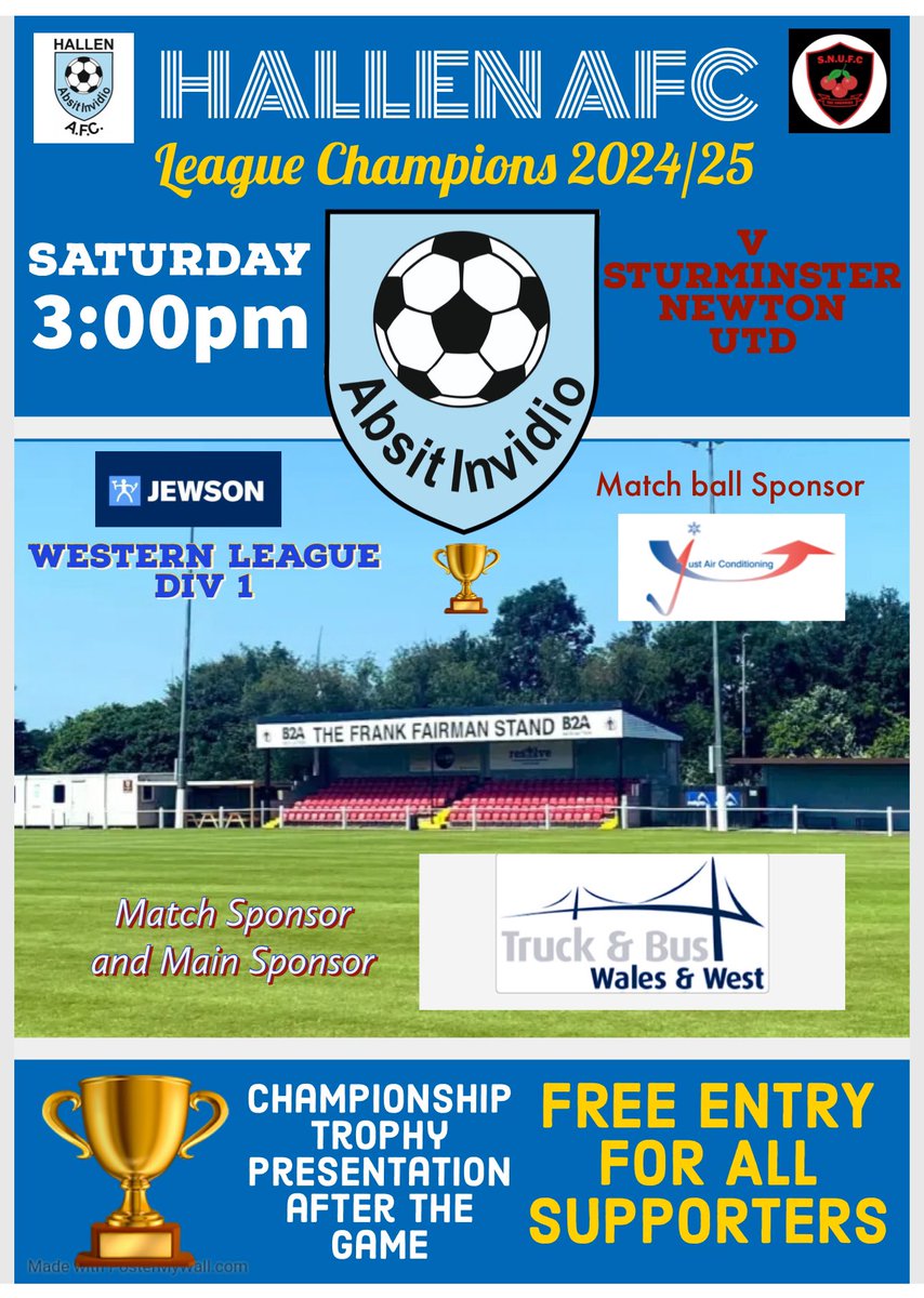 Hα΄ΚΚα΄Ι΄ AFC π (@hallenfc) on Twitter photo TODAY AT THE MB FRAMES STADIUM
ππππππππππππππ
π¨ FREE ENTRY βΌοΈ
Come and celebrate our league win at our last league game of the season β½οΈ
<a href="/swsportsnews/">South West Sports News</a> <a href="/_WesternLeague_/">Western League</a> <a href="/NonLeagueCrowd/">Non League Crowds</a> <a href="/NonLeagueHQ1/">NonLeagueHQ</a> <a href="/Love_non_league/">LOVE NON-LEAGUE</a> <a href="/NonLeagueBall/">Non-League Football</a> <a href="/NonLeagueNews/">NonLeagueDaily β By Betting.co.uk</a> #bristol TODAY AT THE MB FRAMES STADIUM
ππππππππππππππ
π¨ FREE ENTRY βΌοΈ
Come and celebrate our league win at our last league game of the season β½οΈ
<a href="/swsportsnews/">South West Sports News</a> <a href="/_WesternLeague_/">Western League</a> <a href="/NonLeagueCrowd/">Non League Crowds</a> <a href="/NonLeagueHQ1/">NonLeagueHQ</a> <a href="/Love_non_league/">LOVE NON-LEAGUE</a> <a href="/NonLeagueBall/">Non-League Football</a> <a href="/NonLeagueNews/">NonLeagueDaily β By Betting.co.uk</a> #bristol