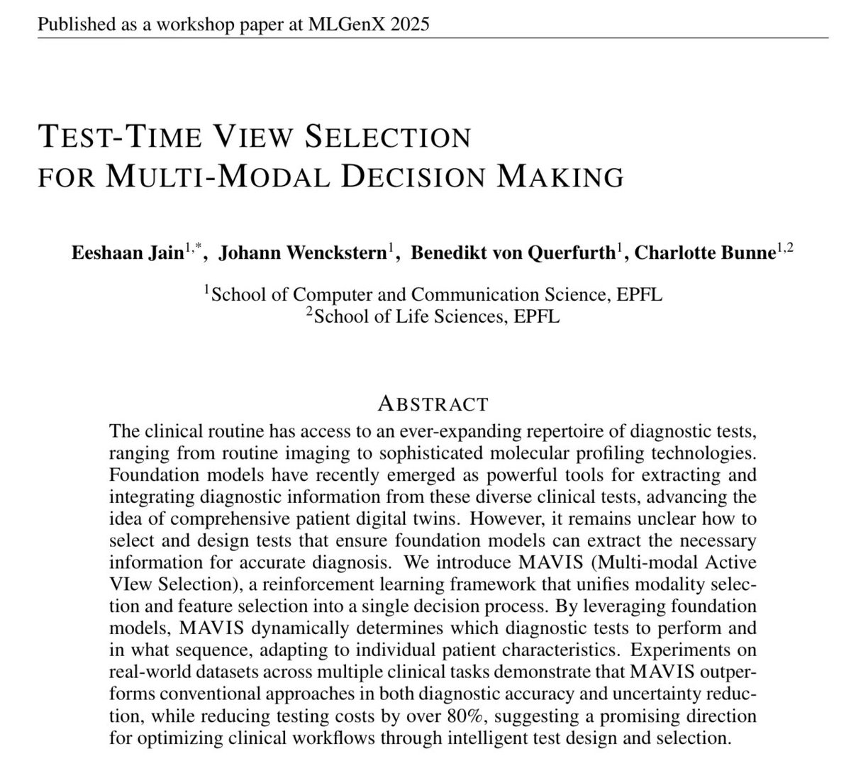 Eeshaan Jain @ ICLR 2025 ✈️ (@eeshaan_jain) on Twitter photo Excited to share that our work “Test-time view selection for multi-modal decision making” will be presented as an Oral at MLGenX, ICLR 2025 (27/04 9:15 am)! Excited to share that our work “Test-time view selection for multi-modal decision making” will be presented as an Oral at MLGenX, ICLR 2025 (27/04 9:15 am)!