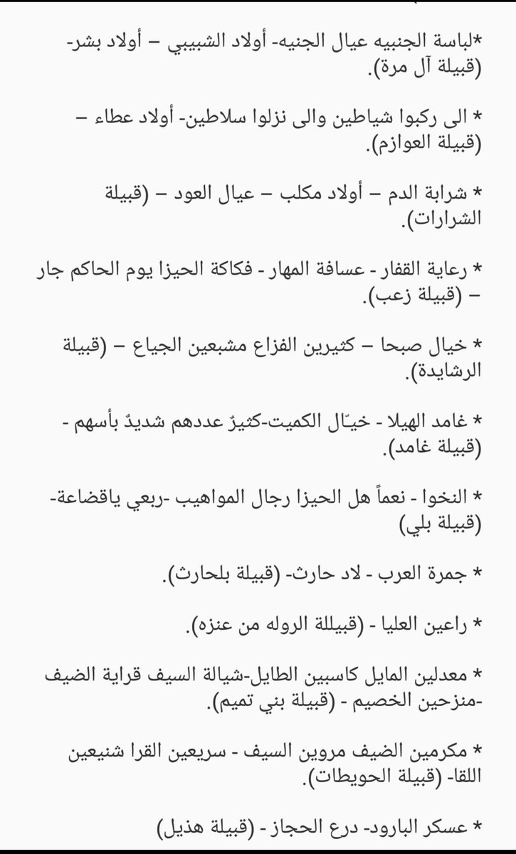 bdwy69fahm's tweet photo. ألقاب لبعض قبائل المملكه العربيه السعوديه

والنعم في كل القبائل ، ولاتعني العنصريه النتنه كما وصفها قينان 
ونظر اليها من برج عاجي متهالك
ولعل مزايين الابل اكبر دليل على تعايش القبائل المناصرين لممثلهم في المنافسه وكيف تجمعهم خيمه وصحن واحد . https://t.co/xTH63NKLmq