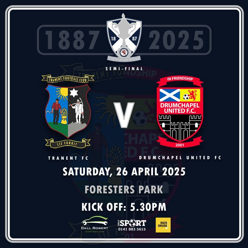 SCOTTISH JUNIOR CUP SEMI FINAL GAMEDAY

It's the Big One as <a href="/DrumchapelU/">Drumchapel United</a> travel to Tranent in the 1st leg of the <a href="/scottishjuniors/">Scottish Junior FA</a> Cup semi final 

5.30pm kick off
Gates open 4.30pm 

£10 - Adults
£5 - Ages 13 to 15 - must be accompanied by a paying adult
12 and under free - must