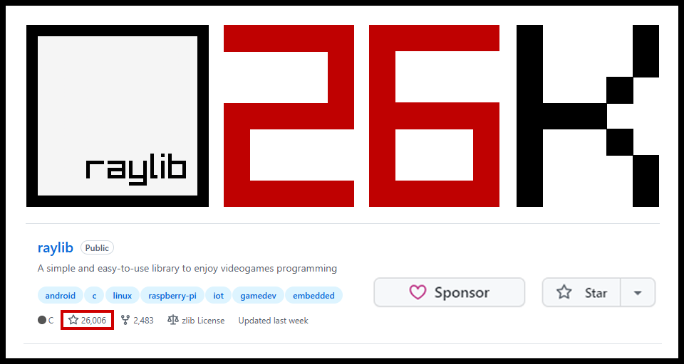 Hey! #raylib has surpassed the **26000** stargazers on GitHub! 🤯

If you are enjoying raylib, please, consider giving it a ⭐️ in GitHub --&gt; github.com/raysan5/raylib

Thanks for your support! ❤️