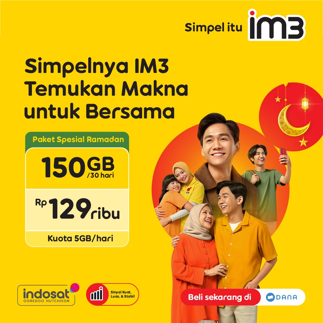 indosatim3's tweet photo. Walaupun Ramadan udah berlalu, tapi Paket Spesial Ramadan masih ada buat kamu!
Nikmati kuota besar 150GB cuma Rp129 ribu, streaming jadi lebih seru tanpa batas!
Buruan beli di DANA sekarang juga! ๐ฑโจ
#SimpleItuIM3 https://t.co/Yxkmd2aVMZ