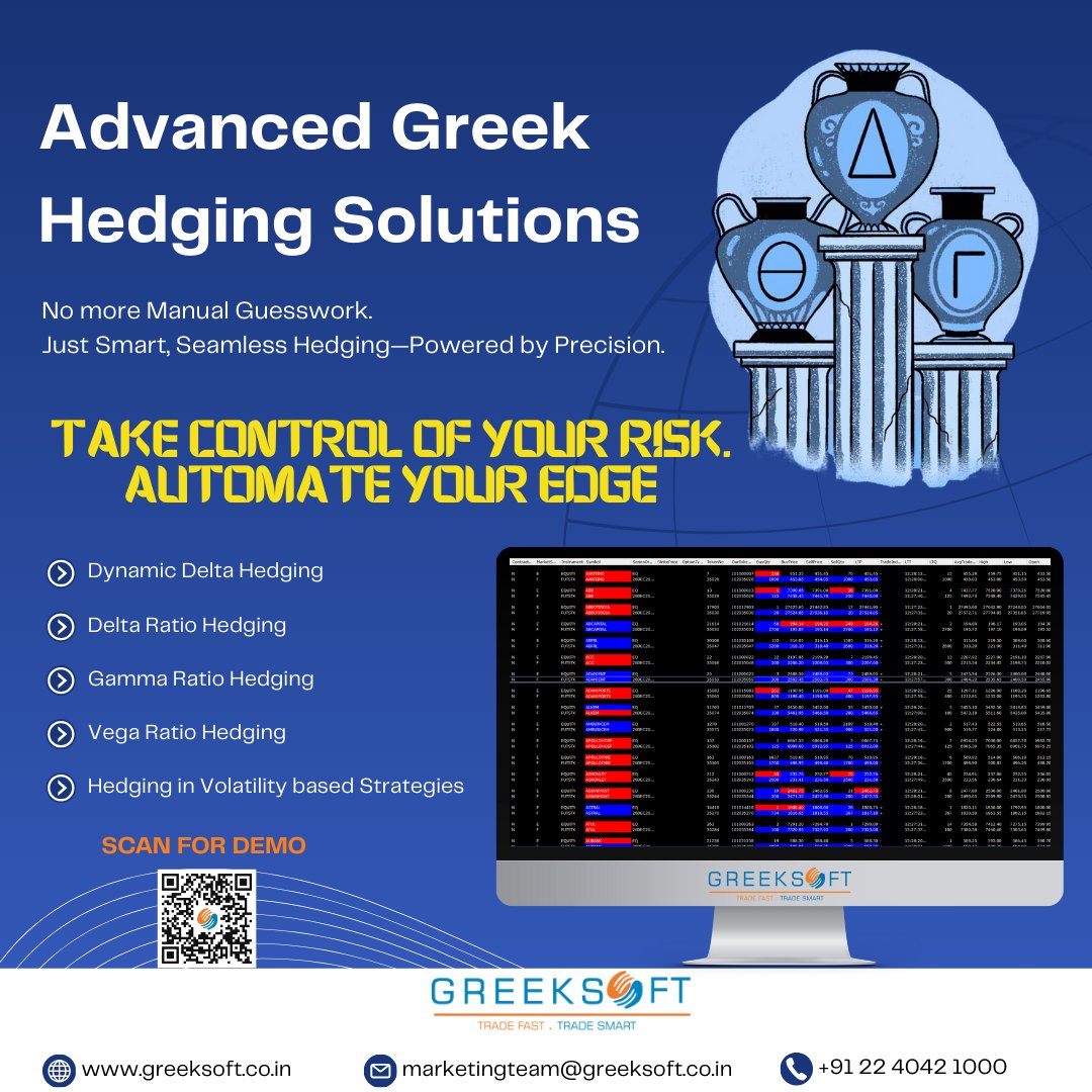 GTPL_Greeksoft's tweet photo. 🎯 Hedge Smarter with @GTPL_Greeksoft Advanced Greeks Management Tools

✅ Dynamic Delta Hedging
✅ Smart Gamma &amp; Vega Hedging
✅ Perfect for Implied Volatility-based strategies

Automate your edge. Control your risk.

#DeltaHedging #GammaHedging #VegaHedging  #IVStrategies https://t.co/xQJKHGjaxF