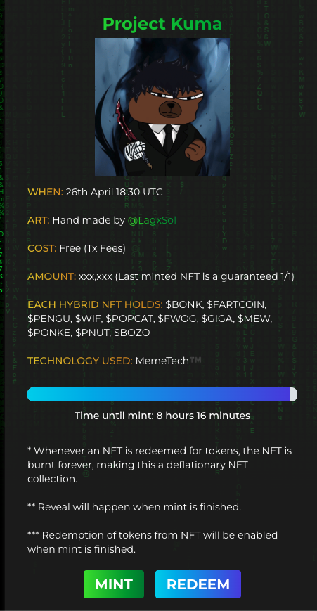 8 hours and 16 minutes until we MELT <a href="/solana/">Solana</a> with crypto's biggest NFT memecoin airdrop mint

There's 10k+ people expected for this

THIS IS THE BIG ONE

bozo.finance/project-kuma/m…
