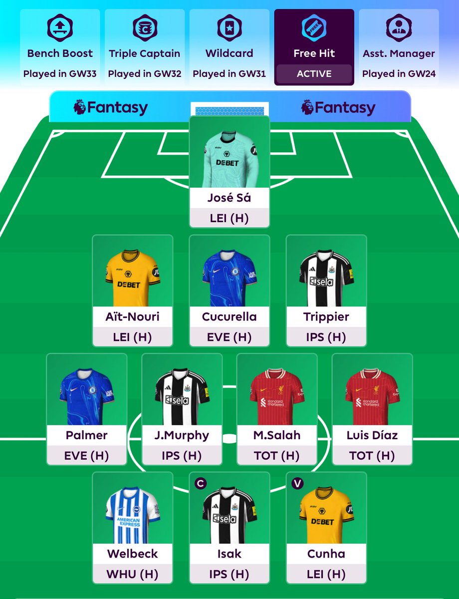 Had fun planning for FH34 and this will probably be it. 11 home games 😄. Relying on the betting odds regarding clean sheets. No Fulham is not what I originally planned… I think SOU can score a goal though. Iwobi first on bench. Good luck all! #FPL 👍