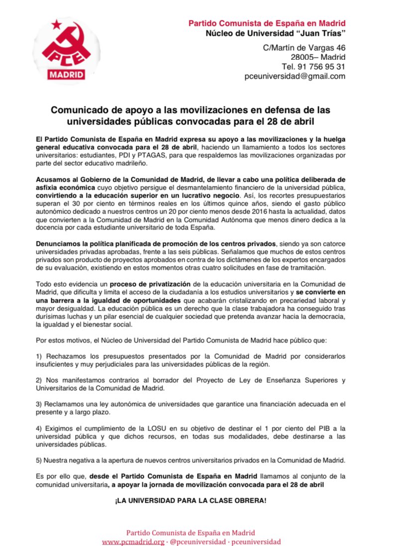 PceUniversidad's tweet photo. 📕💚 Comunicado de apoyo de @elpcm Universidad, a las movilizaciones y la huelga en defensa de las
universidades públicas convocadas para el 28 de abril.
#28A 
#UniversidadPública https://t.co/sZcJg0sV8H