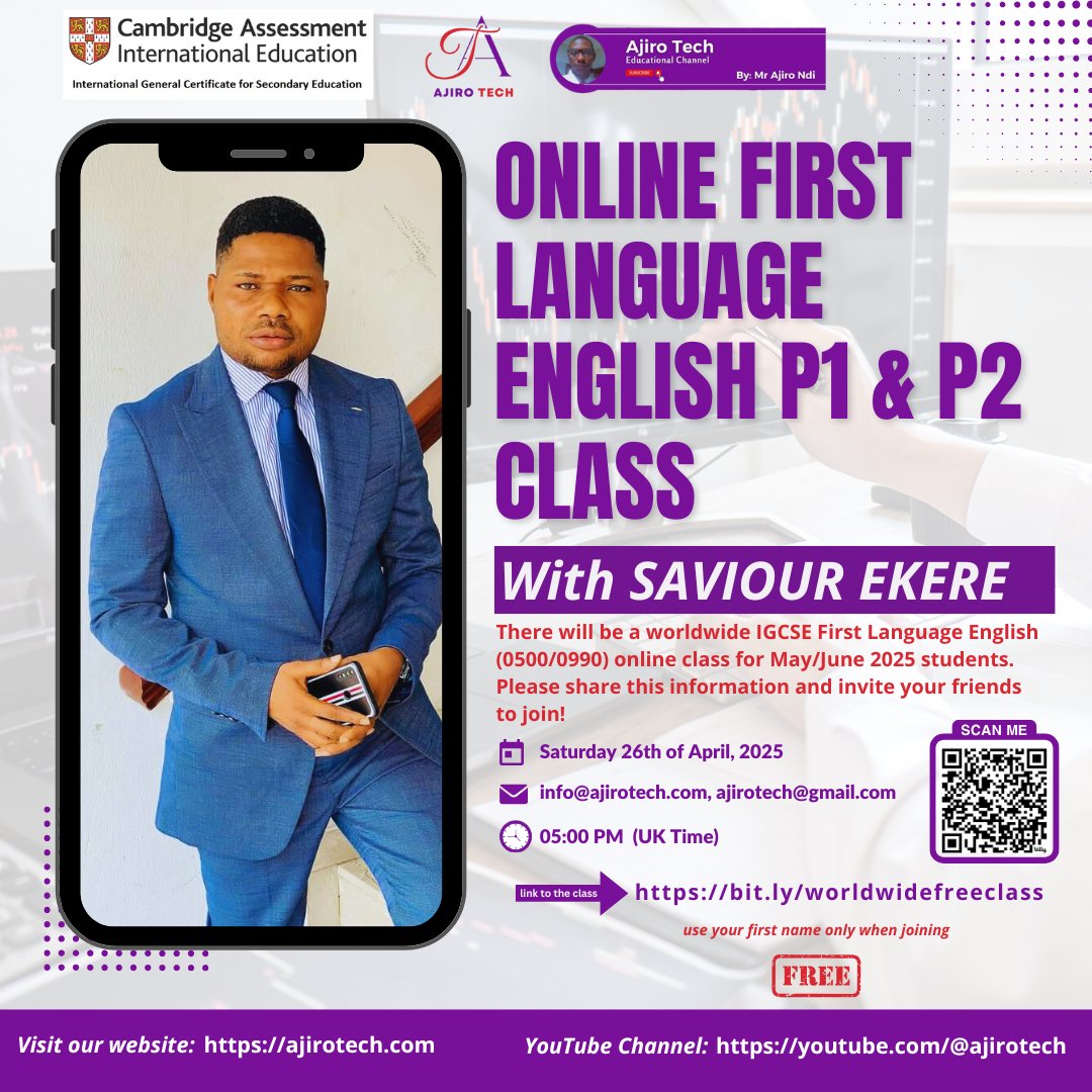 ajirotech's tweet image. 📚 FREE IGCSE ENGLISH CLASS! ✨
📅 Date: Saturday, 26th April 2025
⏰ Time: 05:00 PM (UK Time)
🌍 Open to all IGCSE First Language English (0500/0990) students
🔥share with your friends! Let's ace those exams together!
#IGCSEEnglish #AjiroTech #FirstLanguageEnglish  #English