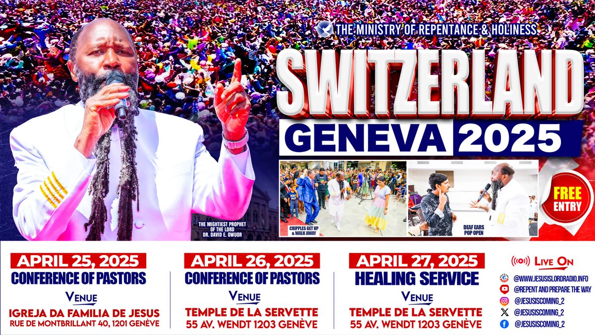 The #SwitzerlandVisitation is here,
This Man of God, Prophet Dr. David Owuor, is in your land, Trumpeting a Message on Holy Christian Living now that time has drawn nigh and the Messiah is surely coming.
Repent Switzerland!