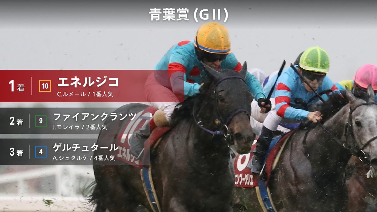 JRAVAN_info's tweet photo. 【 #東京11R #青葉賞 結果】
1着 10 エネルジコ
2着 9 ファイアンクランツ
3着 4 ゲルチュタール
#青葉賞 を制したのは #エネルジコ ！無傷の3連勝で初の重賞タイトルを獲得しました！無敗馬による青葉賞制覇は、2010年のペルーサ以来15年ぶりの快挙です！ https://t.co/UEYhxrTmNK