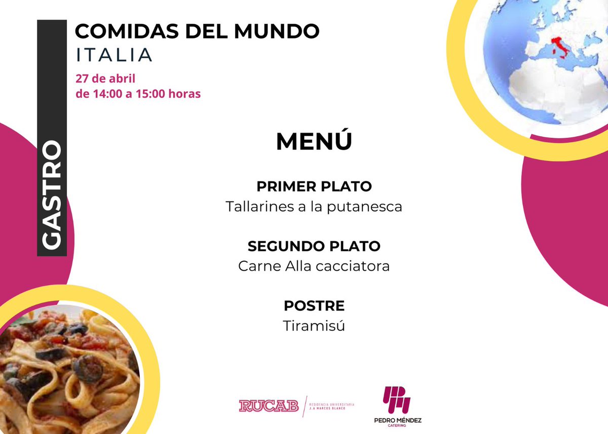 "¡Este domingo es día de fiesta en la RUCAB! 🌎🍴 Vamos a viajar por el mundo sin salir de Badajoz y nos toca Italia 🇮🇹! ¡Comida italiana para todos! 🍝🍕👌 ¿Quién se apunta? #RUCAB #ComidaItaliana #DomingoDeFiesta #FundacionCB"
👉🏻Exclusivo residentes.
