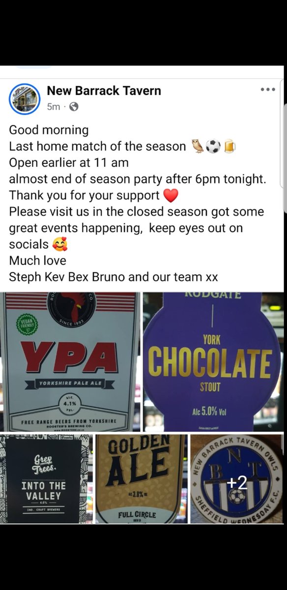 NewBarrack's tweet image. Match day 🦉⚽️🍺 thank you for your support this season 🥰  please support us during the closed season ❤ lots of events coming up see our socials xx 
Open 11am, then 6pm end of season (well almost) party  #familyrunpub #familybusiness #supportlocal #S6 #Hillsborough #Sheffield