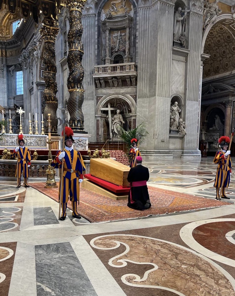Offering a final prayer on behalf of the people of Ireland kneeling before the coffin of #PopeFrancis just before his funeral Requiescat in Pace. Amen