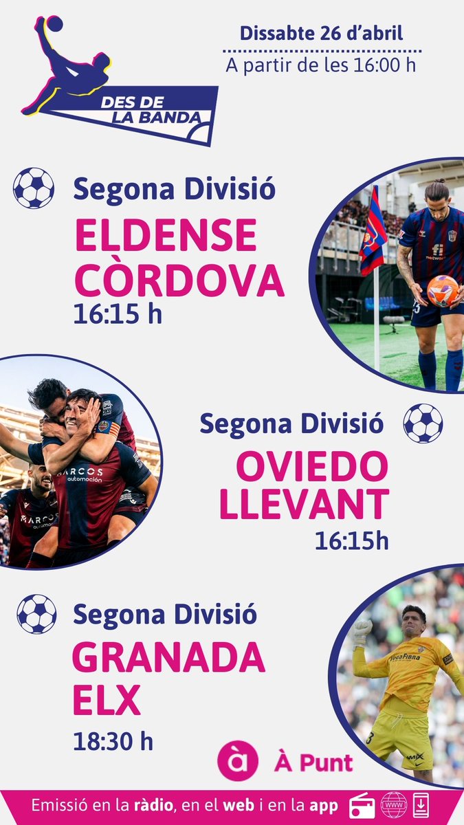 À Punt Esports (@apuntesports) on Twitter photo 📻#DesDeLaBanda
🔜L'esport valencià, en la ràdio d'<a href="/apunt_media/">À Punt</a>❗️
⏰Des de les 16:00 h,⚽️de <a href="/LaLiga2/">LALIGA HYPERMOTION</a>:
⚔️<a href="/CD_Eldense/">CD Eldense SAD</a>🆚<a href="/CordobaCF_ofi/">Córdoba CF</a>
⚔️<a href="/RealOviedo/">Real Oviedo</a>🆚<a href="/LevanteUD_Val/">Levante UD Valencià</a>
⚔️<a href="/GranadaCF/">Granada CF ❤️⚪️</a>🆚<a href="/ElcheCF_Val/">Elx CF 🌴</a> 📻#DesDeLaBanda
🔜L'esport valencià, en la ràdio d'<a href="/apunt_media/">À Punt</a>❗️
⏰Des de les 16:00 h,⚽️de <a href="/LaLiga2/">LALIGA HYPERMOTION</a>:
⚔️<a href="/CD_Eldense/">CD Eldense SAD</a>🆚<a href="/CordobaCF_ofi/">Córdoba CF</a>
⚔️<a href="/RealOviedo/">Real Oviedo</a>🆚<a href="/LevanteUD_Val/">Levante UD Valencià</a>
⚔️<a href="/GranadaCF/">Granada CF ❤️⚪️</a>🆚<a href="/ElcheCF_Val/">Elx CF 🌴</a>