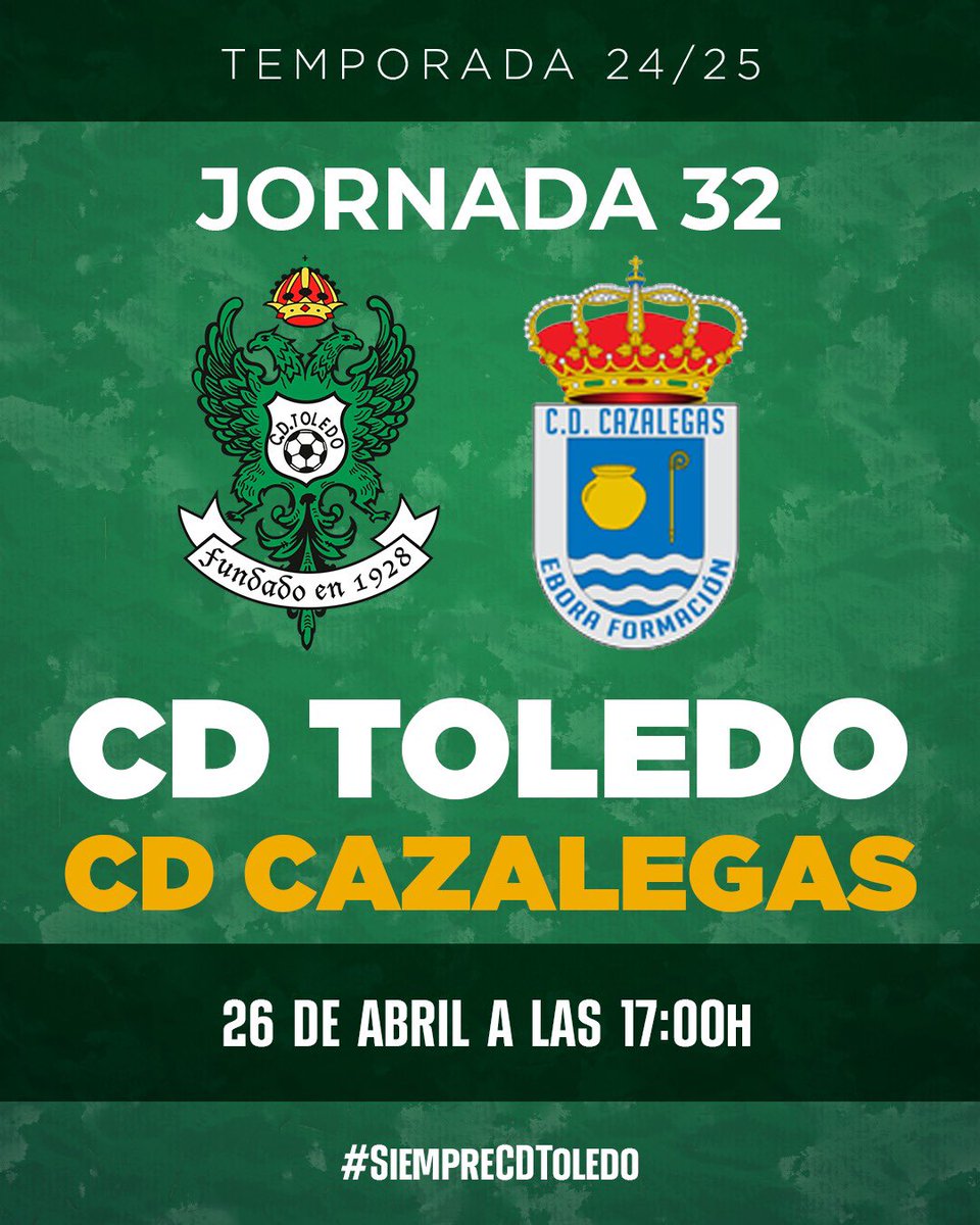 CD_Toledo's tweet photo. 💚 Sentir. Luchar. Ganar. 🤍
Hoy juega el 𝐂𝐥𝐮𝐛 𝐃𝐞𝐩𝐨𝐫𝐭𝐢𝐯𝐨 𝐓𝐨𝐥𝐞𝐝𝐨.

🆚 @cdcazalegaseb 
⌚️ 17.00h
🏟️ Salto del Caballo
📺 @CMM_Play 

#ToledoCazalegas https://t.co/2I64A1XOwf