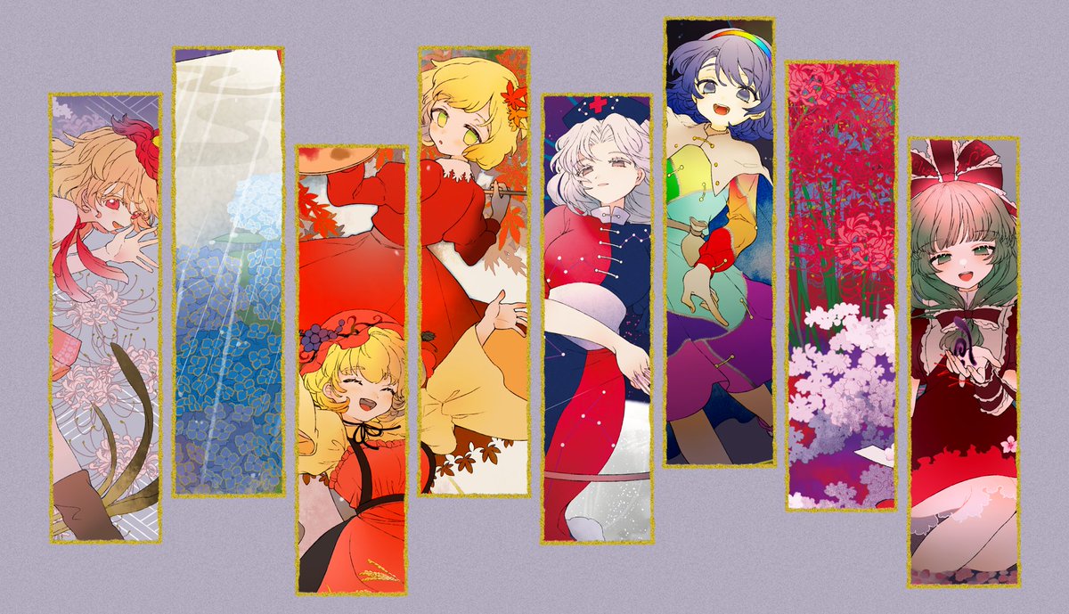 🌸『5/5 博麗神社例大祭
　　　　　　お品書き・新刊サンプル』🎋

開くと縦長になる、掛け軸や絵巻物みたい神さま達のイラスト本が出ます🍁
ふんわりとですがメインは隠岐奈ちゃんと諏訪子さまです

【す04a】にて頒布するのでどうぞよろしくお願いします！❄️

#例大祭22