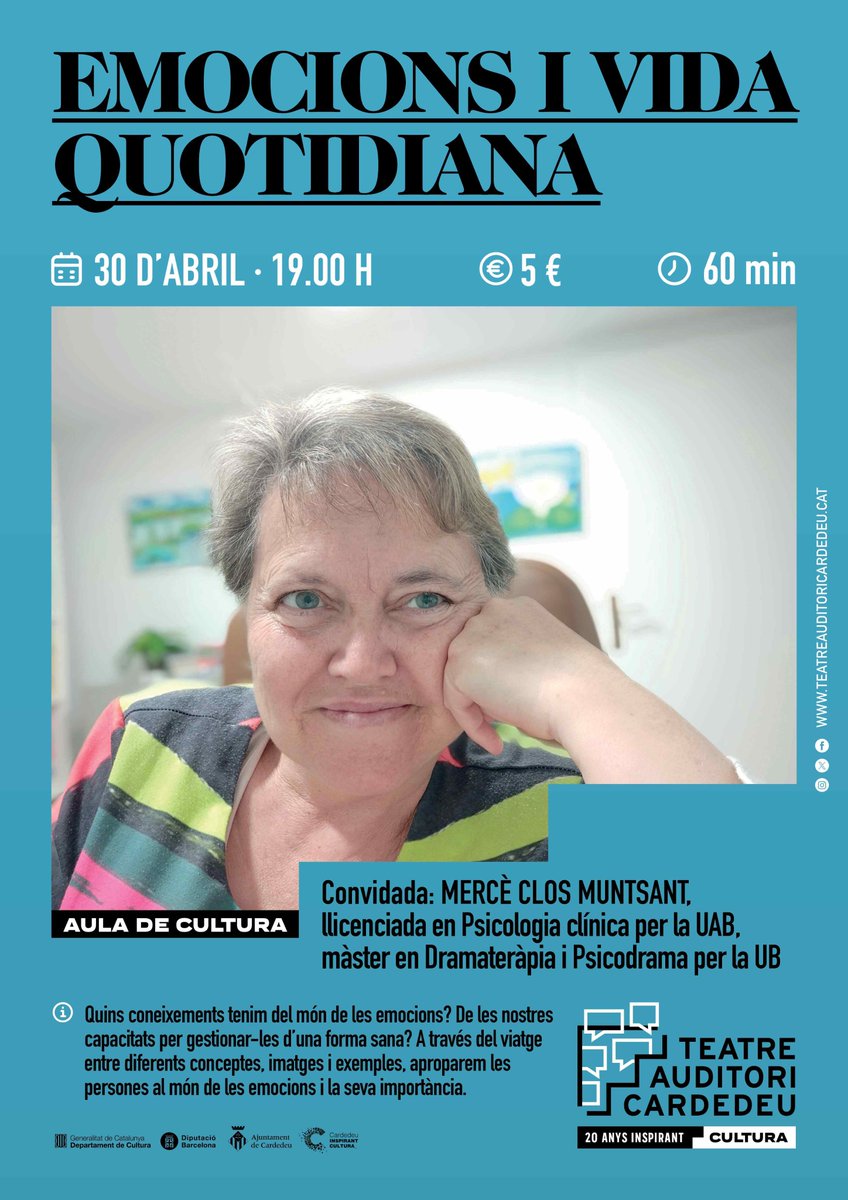 EMOCIONS I VIDA QUOTIDIANA

Mercè Clos Muntsant, Llicenciada en psicología per la UAB, màster en drama-teràpia i psicodrama per la UB.

 A través del viatge entre diferents conceptes, imatges i exemples, aproparem les persones al món de les emocions i la seva importància.