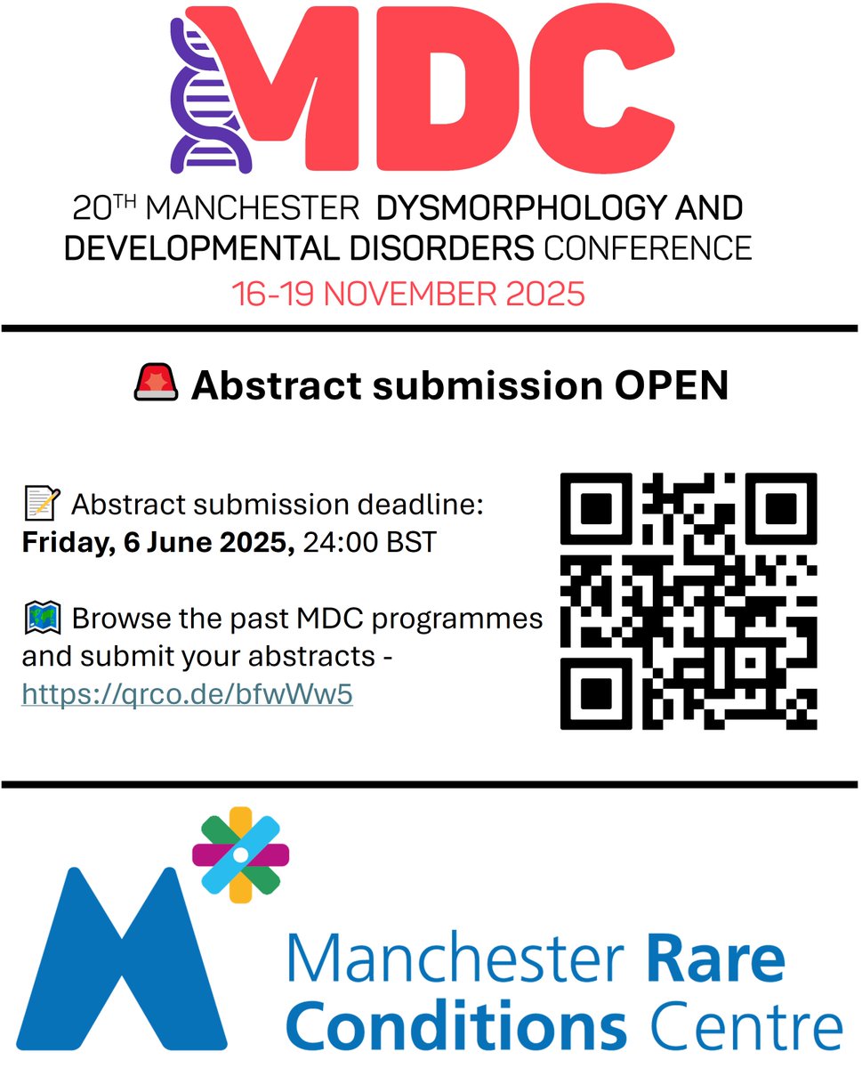 First organised by Prof. Dian Donnai in 1984, the MDC is now a leading  biennial international event for experts in 🧬 #Dysmorphology #CongenitalMalformations
#NeurodevelopmentalDisorders
#GenomicMedicine #RareConditions
Looking forward to welcoming friends from around the 🌍