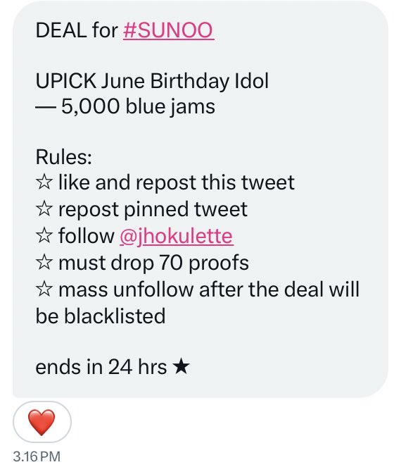 vibeswithenha's tweet photo. DEAL for #SUNOO 

UPICK June Birthday Idol
— 5,000 blue jams

Rules:
☆ like and repost this tweet
☆ repost pinned tweet
☆ follow @jhokulette
☆ must drop 70 proofs
☆ mass unfollow after the deal will be blacklisted

ends in 24 hrs ★ https://t.co/mnhCNrhPxG