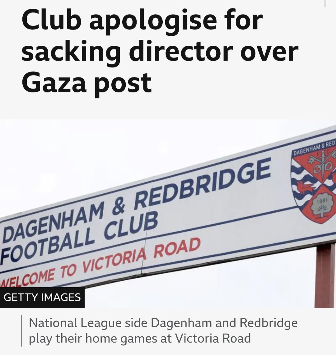 Dagenham &amp; Redbridge FC finally apologises for unlawfully sacking anti-Zionist director Salma Mashhour over her pro-Palestine post. 

How humiliating for the local Labour MP who rushed to praise the club’s blatantly racist move. #ShowRacismTheRedCard