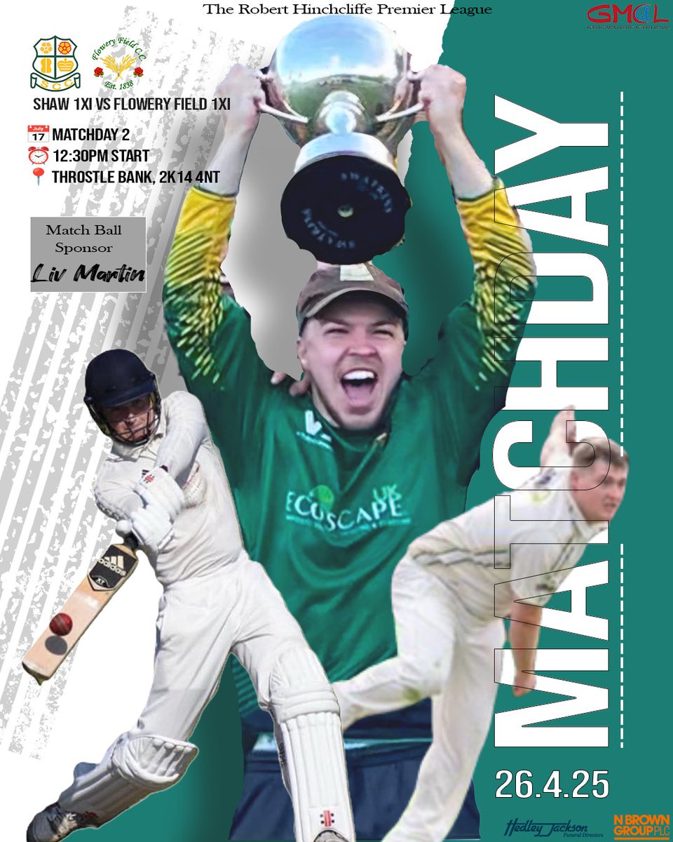 Shaw Cricket Club (@shawcricketclub) on Twitter photo Its Matchday 2 of the <a href="/GtrMcrCricket/">The Greater Manchester Cricket League</a> Robert Hinchcliffe Premier League and the 1XI will Travel to <a href="/FloweryFieldCC/">Flowery Field CC</a>.
Thank you to Match ball sponsor, Liv Martin.
We hope to see many of you travelling to support the 1XI 💛💚 Its Matchday 2 of the <a href="/GtrMcrCricket/">The Greater Manchester Cricket League</a> Robert Hinchcliffe Premier League and the 1XI will Travel to <a href="/FloweryFieldCC/">Flowery Field CC</a>.
Thank you to Match ball sponsor, Liv Martin.
We hope to see many of you travelling to support the 1XI 💛💚