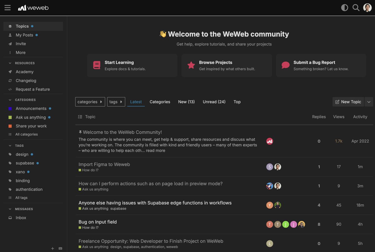 Love the updated <a href="/weweb_io/">weweb.io</a> Community Forum. My eyes are thanking you for adding dark mode
