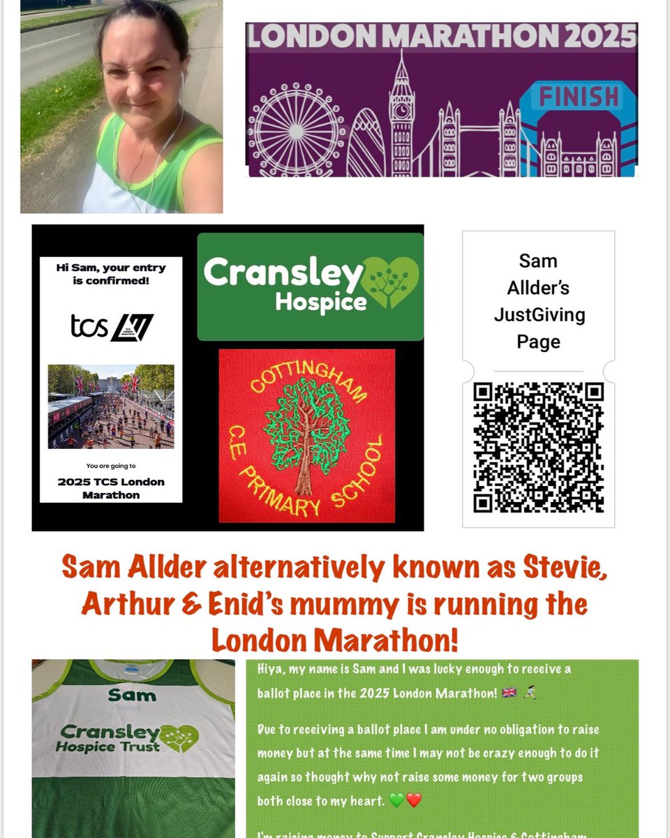 CottinghamCofE's tweet photo. Good luck to @MrsAllder one of our own in the @LondonMarathon raising funds for @CottinghamCofE and Cransley Hospice.  Please take time to send your wishes with a donation … https://t.co/v9sEY8PrDD
