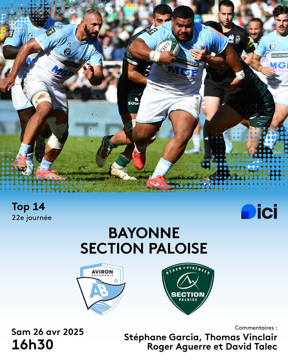 💥 𝗝𝗢𝗨𝗥 𝗗𝗘 𝗠𝗔𝗧𝗖𝗛 𝗮𝘃𝗲𝗰 "𝗶𝗰𝗶 𝗣𝗮𝘆𝘀 𝗕𝗮𝘀𝗾𝘂𝗲" 🏉

𝗔𝘃𝗶𝗿𝗼𝗻 𝗕𝗮𝘆𝗼𝗻𝗻𝗮𝗶𝘀 🆚 Section Paloise
🏆 Top 14
🗓️ J22
📍 Reale Arena (Anoeta)
⏰ de 15h30 à 19h
🎙️ <a href="/StephaneGrcia/">Stéphaηe Garcia 🎙️</a> <a href="/aguerre_r/">roger aguerre</a> <a href="/VinclairT/">Thomas Vinclair</a> <a href="/MrLec/">Mr D. Lec</a> 

#ABSP | #Top14 | #teamAB | #iciSPort