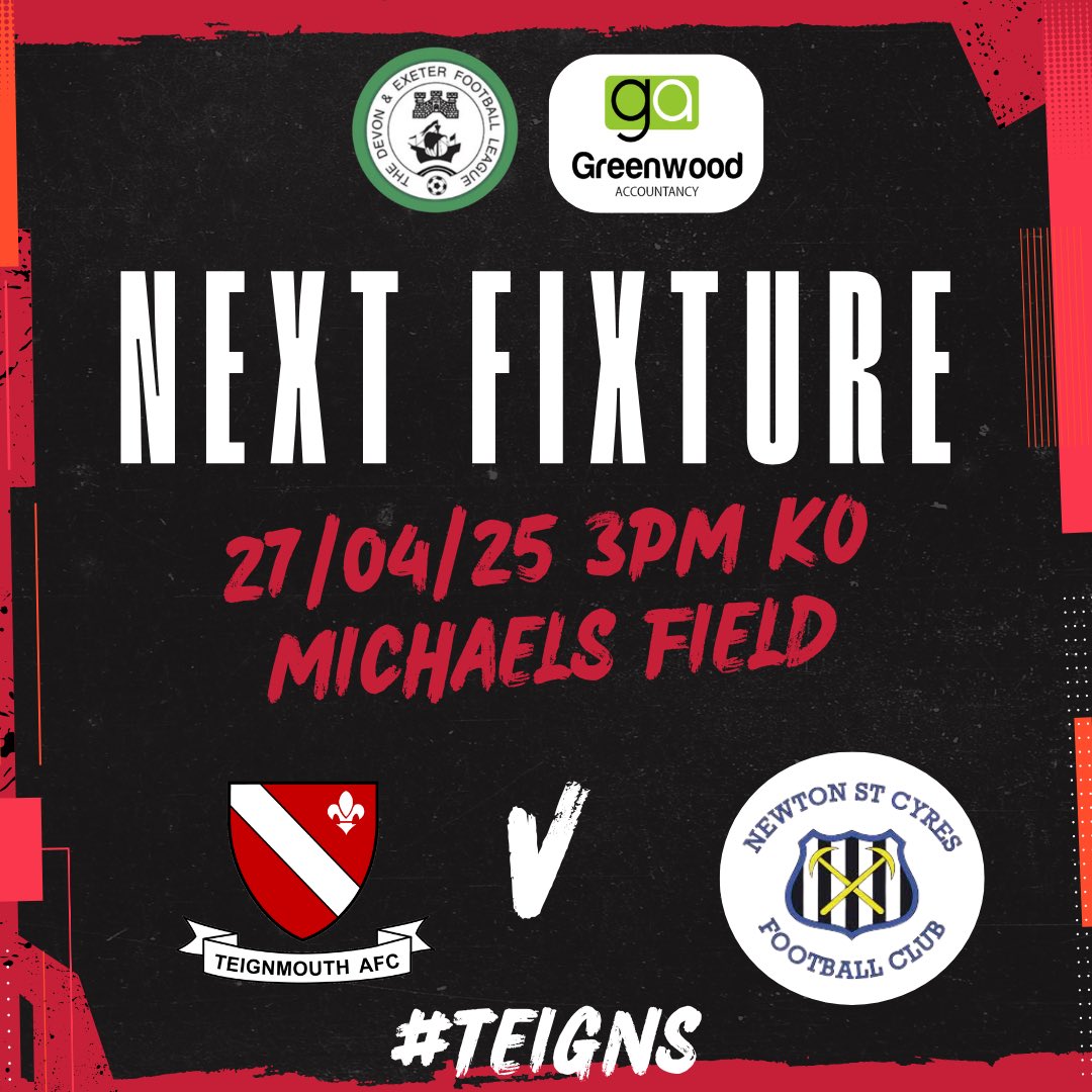 Teignmouth AFC (@teignsfc) on Twitter photo Reserve Team Match Day !
๐ <a href="/DevonExeterLge/">Stitch2Print Devon & Exeter Football League</a>
L ๐ Newton St Cyres FC
L๐Michaels Field
L ๐ 27/04
L ๐ก 15:00 Reserve Team Match Day !
๐ <a href="/DevonExeterLge/">Stitch2Print Devon & Exeter Football League</a>
L ๐ Newton St Cyres FC
L๐Michaels Field
L ๐ 27/04
L ๐ก 15:00