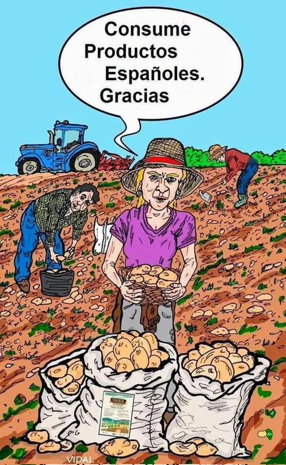 Al que ha hecho el cartelito, se le ha olvidado que los que recolectan los productos españoles en su mayoría son africanos y no tienen esos cartelitos. La realidad es que el parado español, que suele ser facha, no quiere doblar el lomo en el campo y prefiere su paguita. Qué