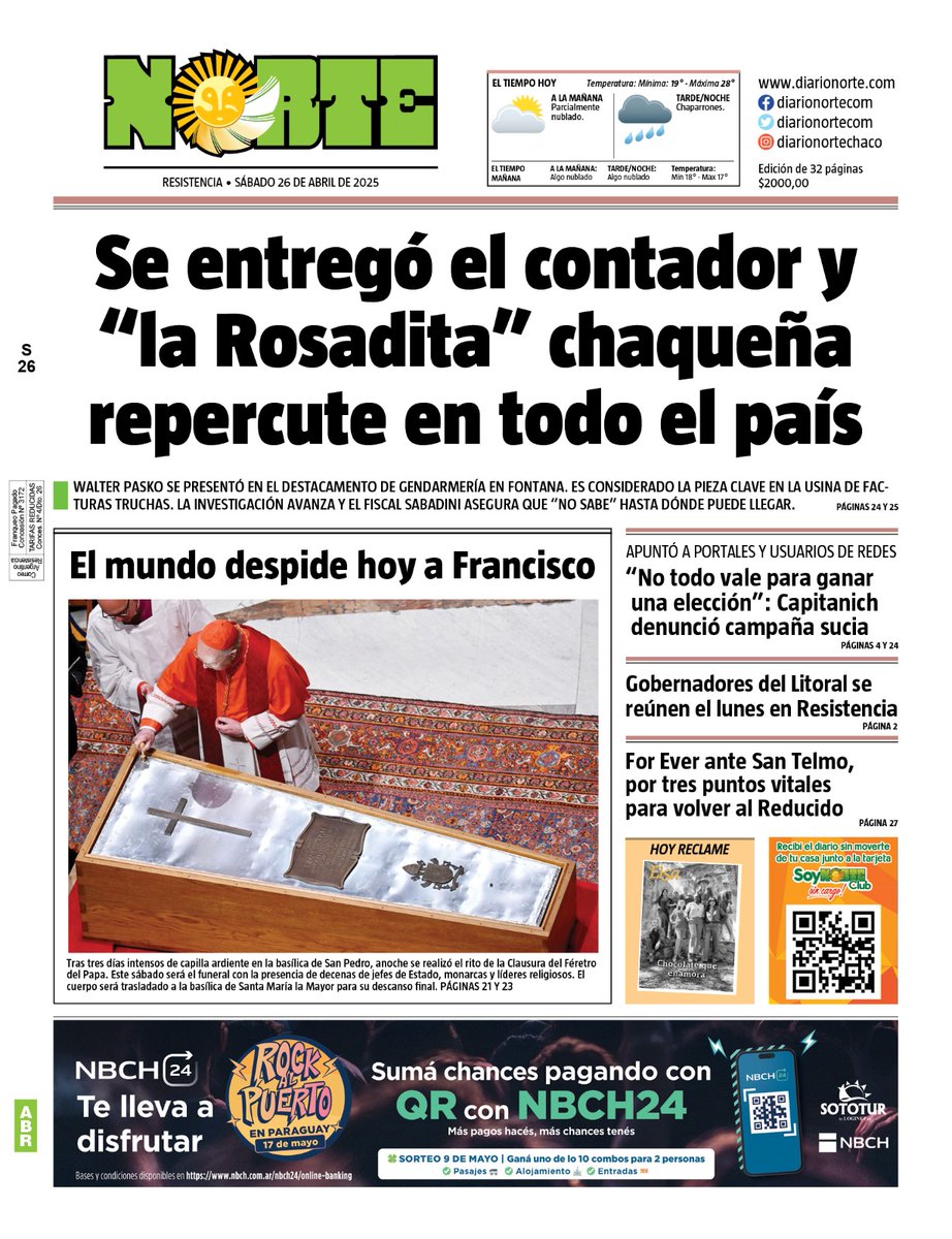 NorteDiarioCom's tweet photo. 👋🏽 #BuenSábado lector@s
🗞️Compartimos la #TapaDeNORTE con los #TemasDelDía
🌥️Para #Resistencia se espera una mínima de 19°C y máxima de 28°C; con neblina en la madrugada, mayormente nublado en la mañana, y chaparrones en la tarde y noche
#DiarioNorteCom #Noticias #PrimeroSiempre https://t.co/RQ3DyEouEz