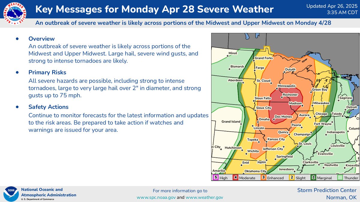 An outbreak of severe weather is likely across portions of the Midwest and Upper Midwest on Monday, April 28. Large hail, severe wind gusts, and strong to intense tornadoes are likely.