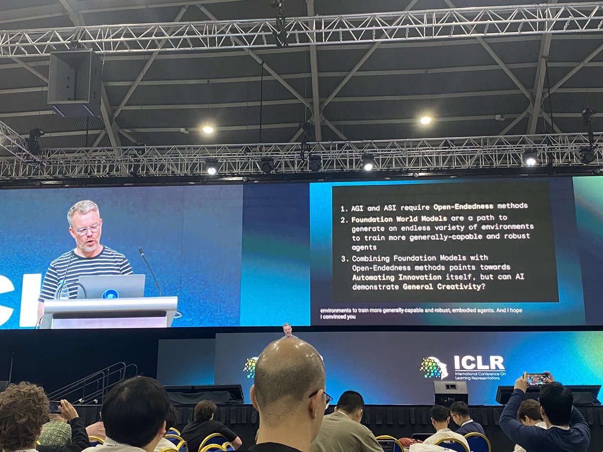 Inspiring keynote by <a href="/_rockt/">Tim Rocktäschel</a> at ICLR on Open-endedness and automation of AI 🚀

However I hope that the unpredictable and uncontrollable nature of open-ended AI also inspires strong focus on Safety 👷‍♀️🦺👩‍🔬

x.com/sahar_abdelnab…