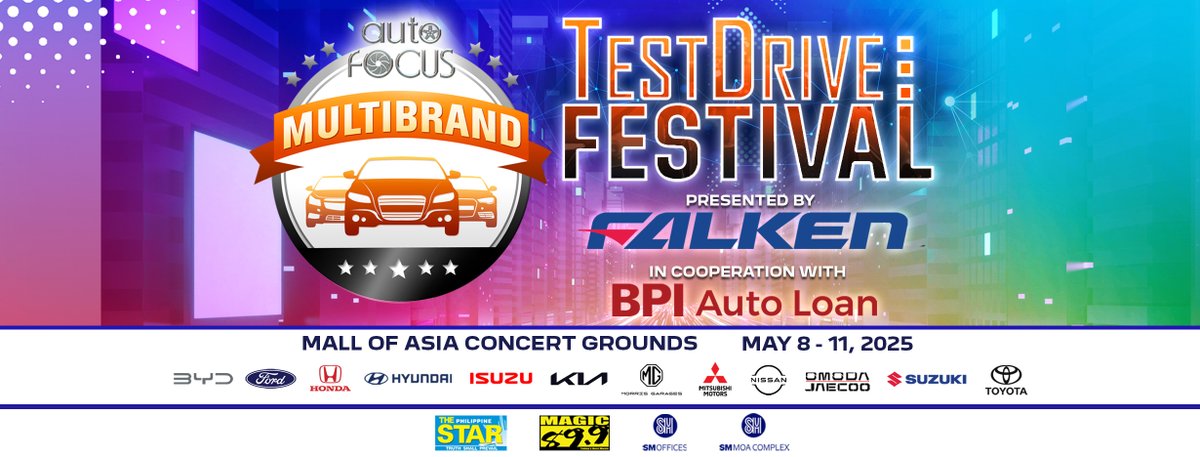Thinking of buying a car but not sure which one? Test drive the latest models at the Auto Focus Summer Test Drive Festival, May 8-11 at Block 16, SM MOA Concert Grounds! Presented by Falken Tires in cooperation with BPI Auto Loan.  #AFTestDriveFestival #FalkenTires #BPIAutoLoan