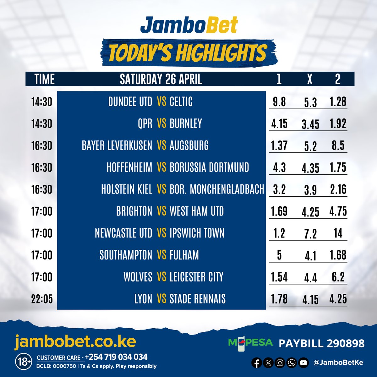 Leo mambo inachemka mapema. Games kibao, options kibao. Markets kibao.

Ndege ya Scotland karibu kutoka. Wekelea

jambobet.co.ke/Sport
#ChezaTukusort
#PlayResponsibly