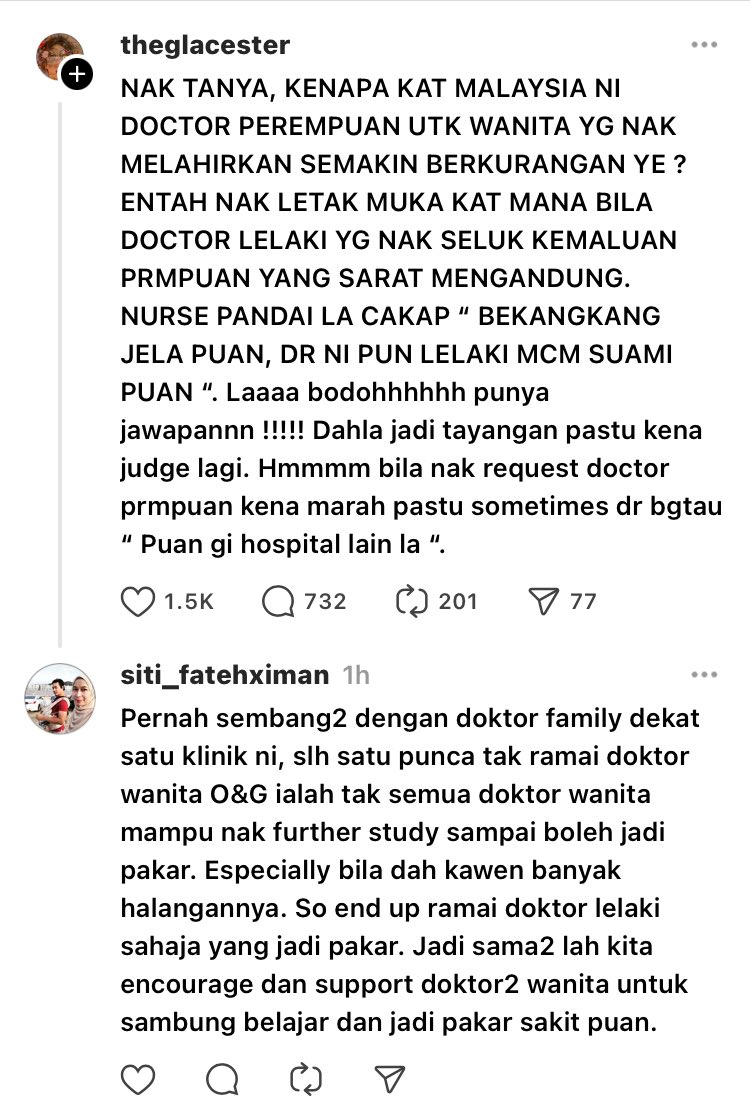 n_azzurajafri's tweet photo. Terbaca di threads.

Ya betul. Pakar O&G wanita tak banyak sebab O&G adalah antara yang paling sukar dalam bidang medik. Dan wanita selalunya ada lebih kekangan untuk jadi pakar bila dah berkahwin dan ada anak. 

Bersalin ni memang pertaruhan nyawa ibu dan anak. Dan sememangnya kita semua selesa disambut Doktor wanita.

Saya bersalin malam. Muka doktor dan nurse semua sembab sebab berjaga malam. Saya disambut semua oleh wanita. 

Sangat berterima kasih dengan para suami doktor dan nurse ini yang meminjamkan isteri mereka untuk menyambut zuriat orang lain.

By all means, jika ada wanita di sekeliling kita yang punya potensi yg SANGAT diperlukan masyarakat, berilah sokongan.

Lepas dapat pleasant experience disambut para doktor dan nurse perempuan, kami suami isteri bersetuju kalau ada antara anak perempuan kami yg nak pursue bidang ini, kami akan support habis-habisan. Dan bantu carikan calon suami yang luar biasa untuk menyokong fardu kifayah ini.