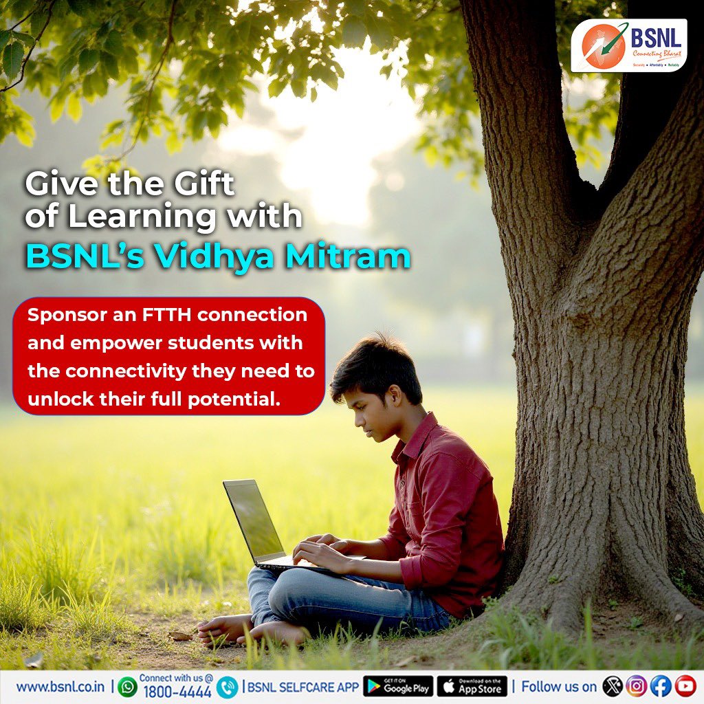 Empower the future, With BSNL’s Vidhya Mitram, you can sponsor an FTTH connection and light up a student’s path to success. 

Give the gift of learning,  because every child deserves access to endless knowledge, live classes, and digital dreams.

Visit our website for more info :