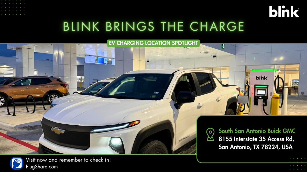 BlinkCharging's tweet image. ⚡ Charging made easy in San Antonio! ⚡

Stop by South San Antonio Buick GMC, 8155 Interstate 35 Access Rd and plug into Blink’s DC Fast Charger. Fast and ready when you are! 🚗🔋

Find it here: ow.ly/B93L50VgizN

#DCFastCharger #EVChargingSolutions #EVCharging
@plugshare