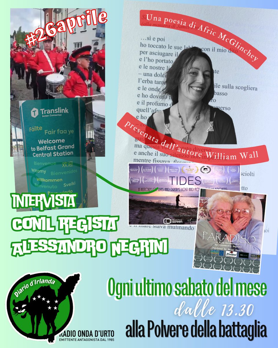 bonhomme69's tweet photo. Diario d'Irlanda — Sabato #26aprile, alle 14, su 
@radiondadurto:
🗒 Attualità da Nord e Sud.
Intervista al regista @alessandroneg11, da Derry.
Una poesia di Afric McGlinchey, @itosha, letta dall'autrice e commentata da William Wall.
📻 Su FM e sul web https://t.co/aw5EEVUGmG https://t.co/w29ERAIbot