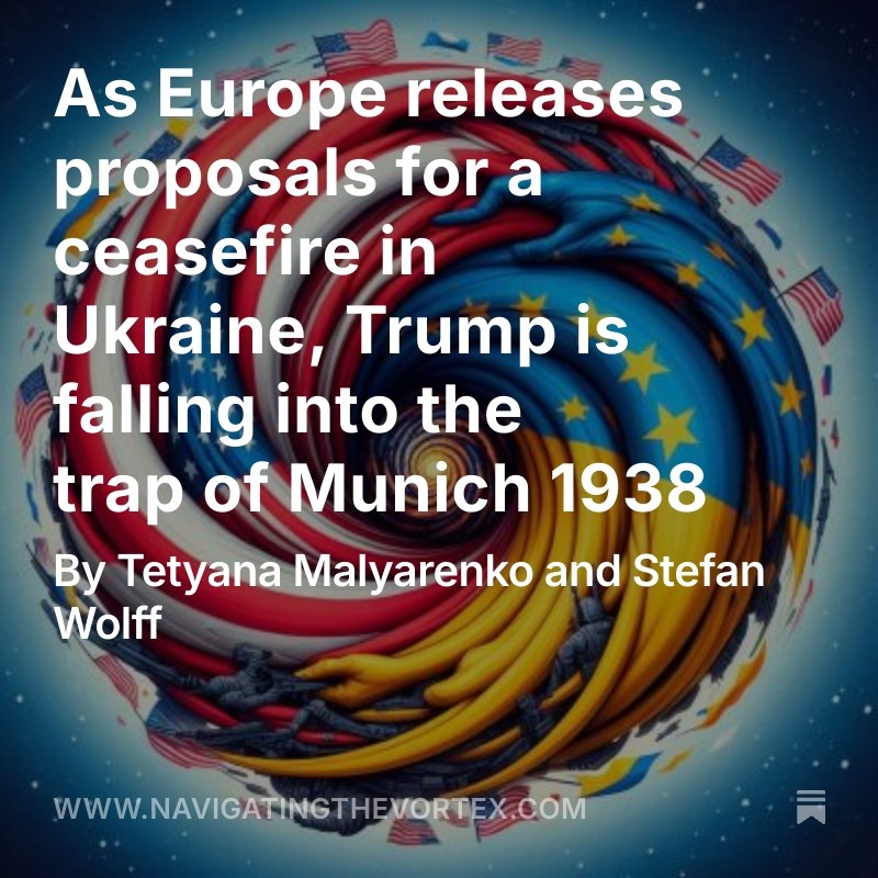 Stefan Wolff (@stefwolff) on Twitter photo Sacrificing a valuable ally at the altar of a leader’s vanity is a historical lesson that doesn’t need repeating — my latest analysis with Tetyana Malyarenko for <a href="/navvortex/">Navigating the Vortex</a>: bit.ly/4iBiwu2
#Trump #Putin #Zelensky #Russia #Ukraine #Europe Sacrificing a valuable ally at the altar of a leader’s vanity is a historical lesson that doesn’t need repeating — my latest analysis with Tetyana Malyarenko for <a href="/navvortex/">Navigating the Vortex</a>: bit.ly/4iBiwu2
#Trump #Putin #Zelensky #Russia #Ukraine #Europe